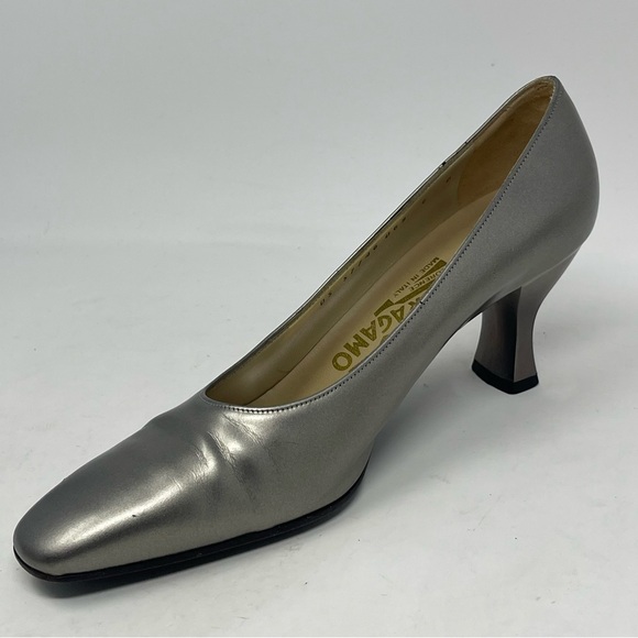 Salvatore Ferragamo Pumps Womens 6 B Metallic Silver Gray Leather Heels Vintage - Picture 8 of 16